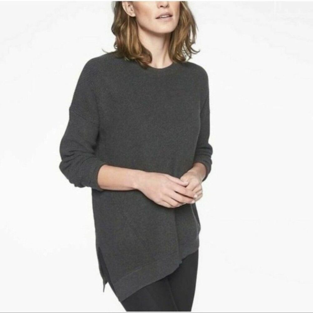 Athleta Rest Day Asymmetric Ribbed Sweater Cotton Blend Crewneck Pullover Gray M